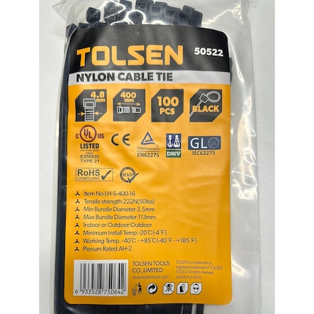 Tolsen Cable Tie, 15-3/4 in L, 113 mm Max Bundle Dia., Black, Nylon 6/6, 50 lb Strength, 100 PK 50522